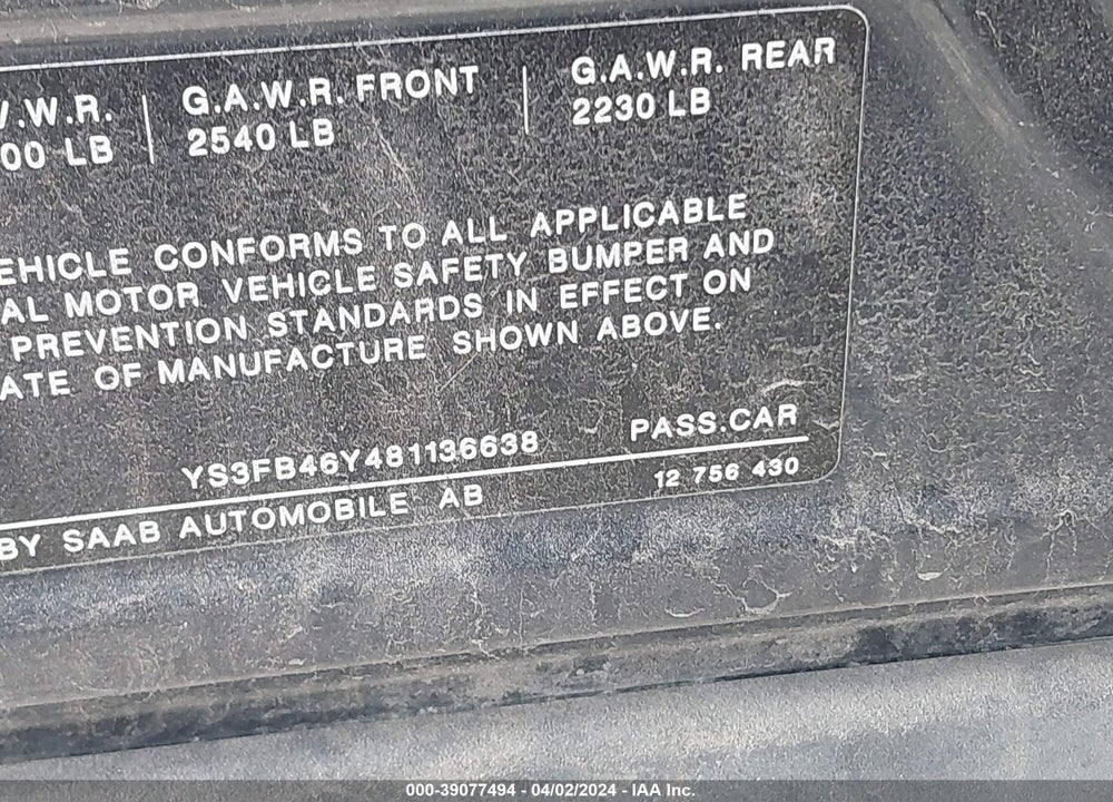 2008 SAAB 9-3 2.0T VIN: YS3FB46Y481136638