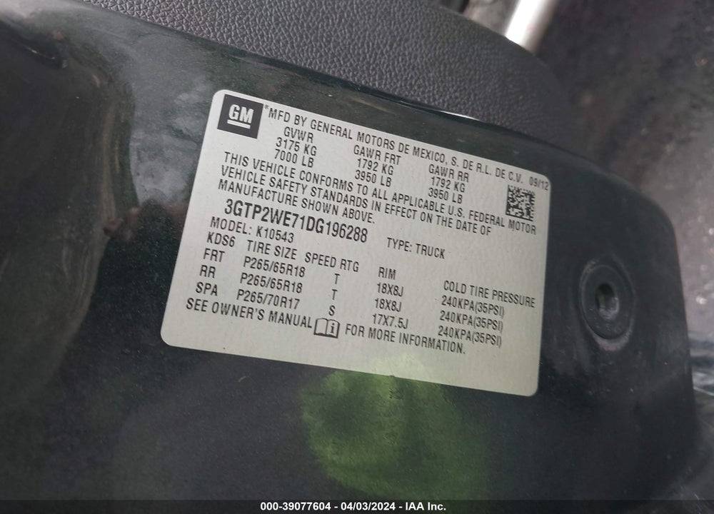 2013 GMC SIERRA 1500 SLT VIN: 3GTP2WE71DG196288