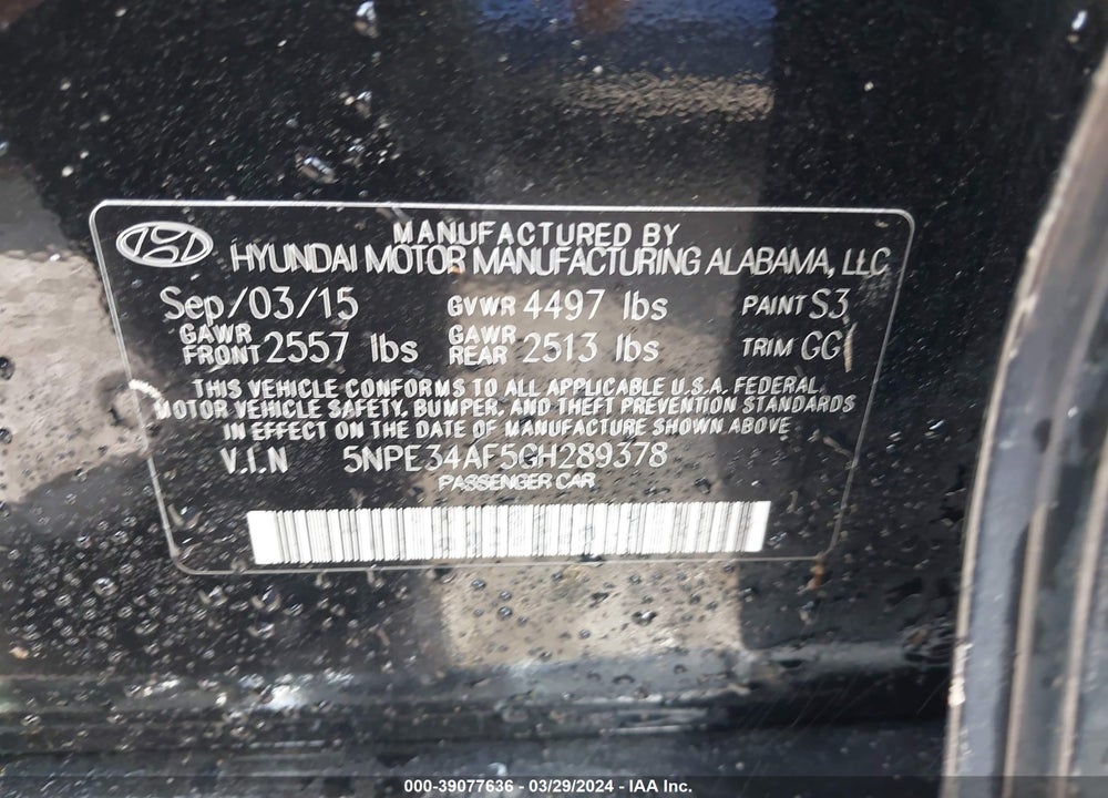 2016 HYUNDAI SONATA SPORT VIN: 5NPE34AF5GH289378