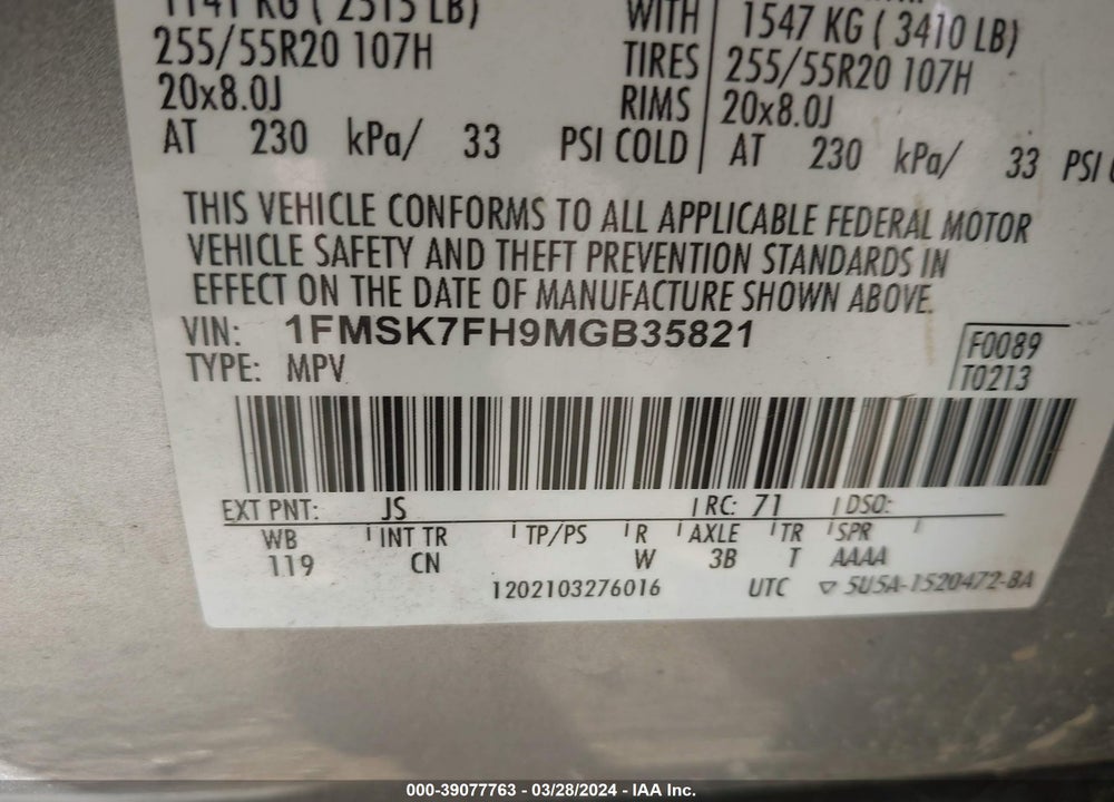 2021 FORD EXPLORER LIMITED VIN: 1FMSK7FH9MGB35821