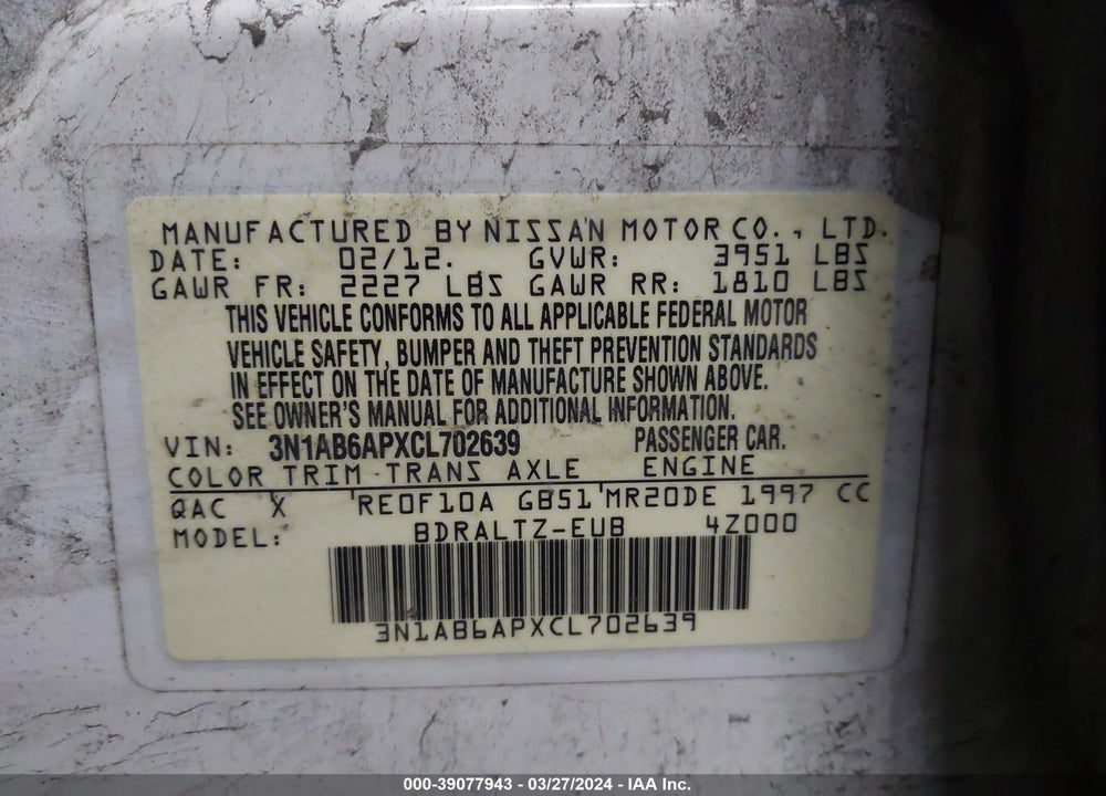 2012 NISSAN SENTRA 2.0 SR VIN: 3N1AB6APXCL702639