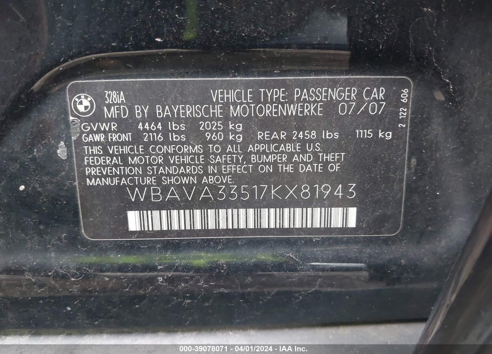 2007 BMW 328I VIN: WBAVA33517KX81943