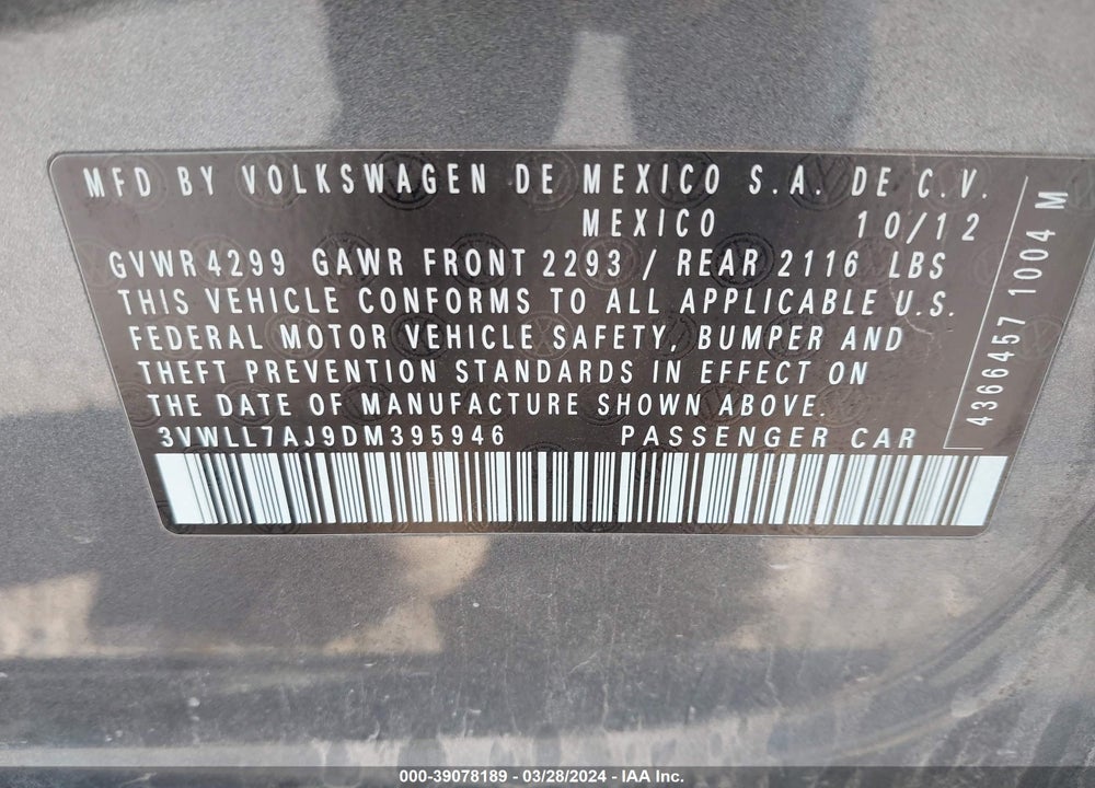 2013 VOLKSWAGEN JETTA 2.0L TDI VIN: 3VWLL7AJ9DM395946