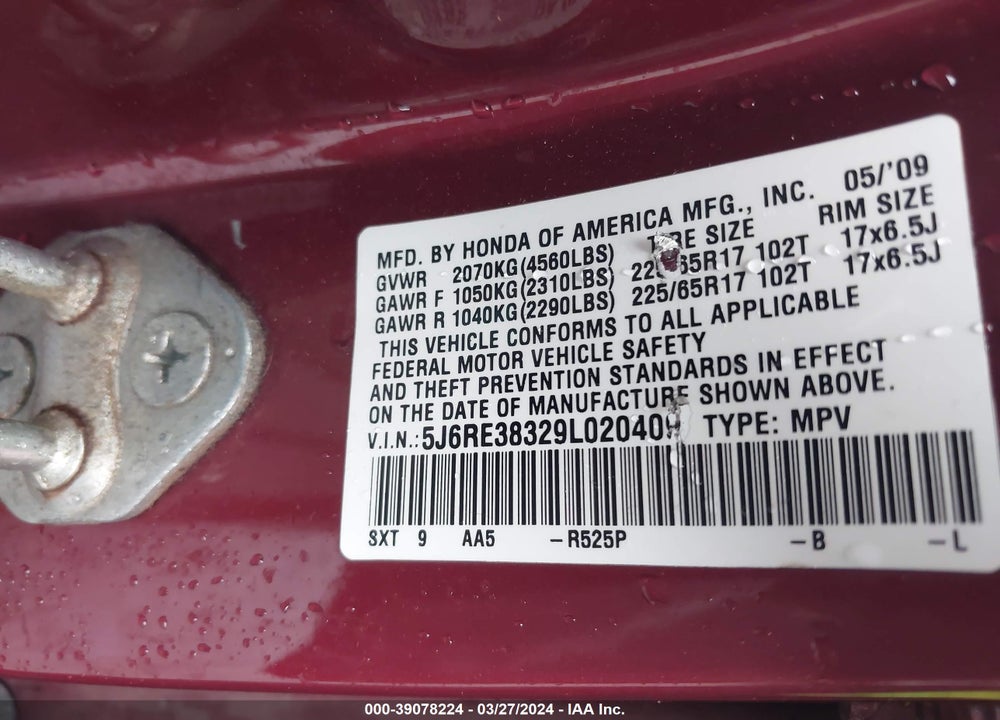 2009 HONDA CR-V LX VIN: 5J6RE38329L020409