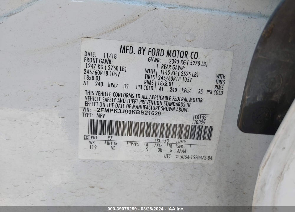 2019 FORD EDGE SEL VIN: 2FMPK3J99KBB21629