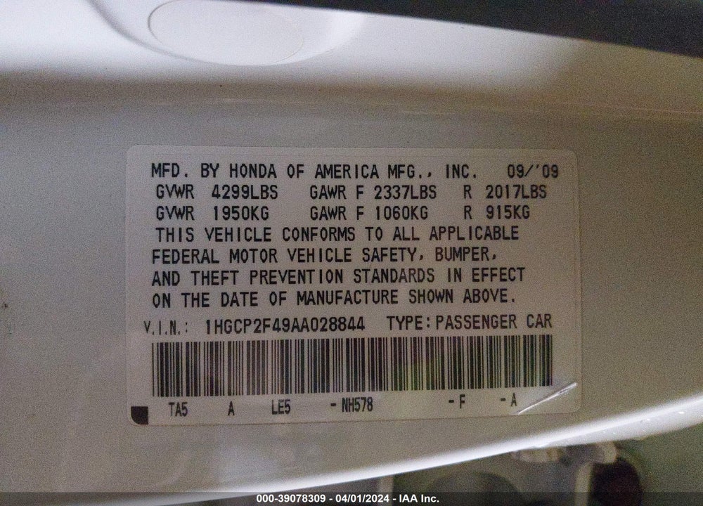 2010 HONDA ACCORD 2.4 LX-P VIN: 1HGCP2F49AA028844