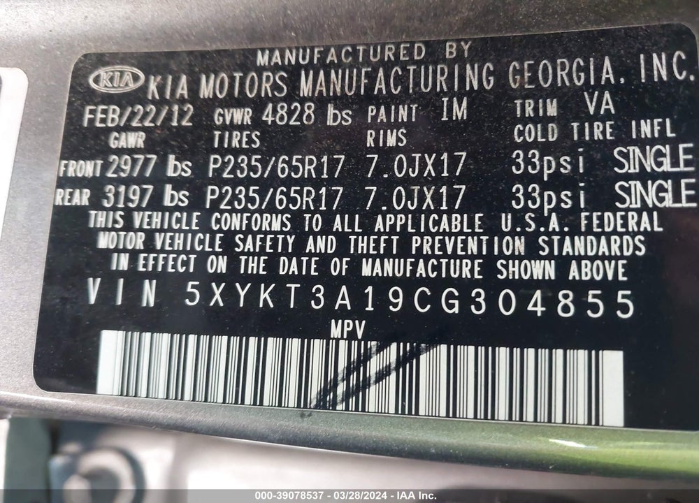 2012 KIA SORENTO LX VIN: 5XYKT3A19CG304855