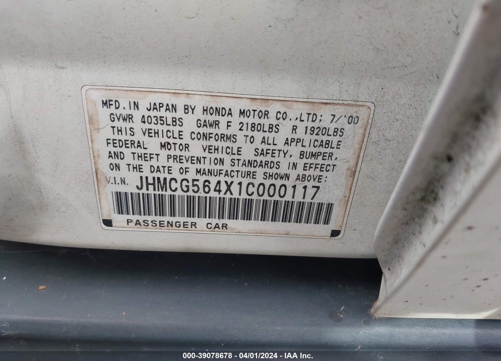 2001 HONDA ACCORD 2.3 LX VIN: JHMCG564X1C000117