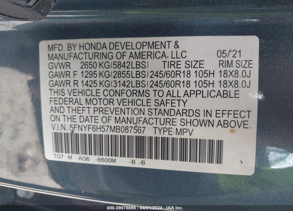 2021 HONDA PILOT AWD EX-L VIN: 5FNYF6H57MB087567