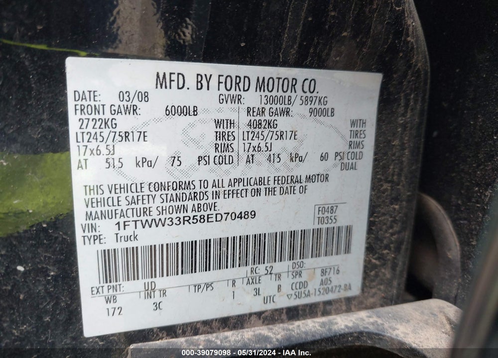 2008 FORD F-350 FX4/KING RANCH/LARIAT/XL/XLT VIN: 1FTWW33R58ED70489