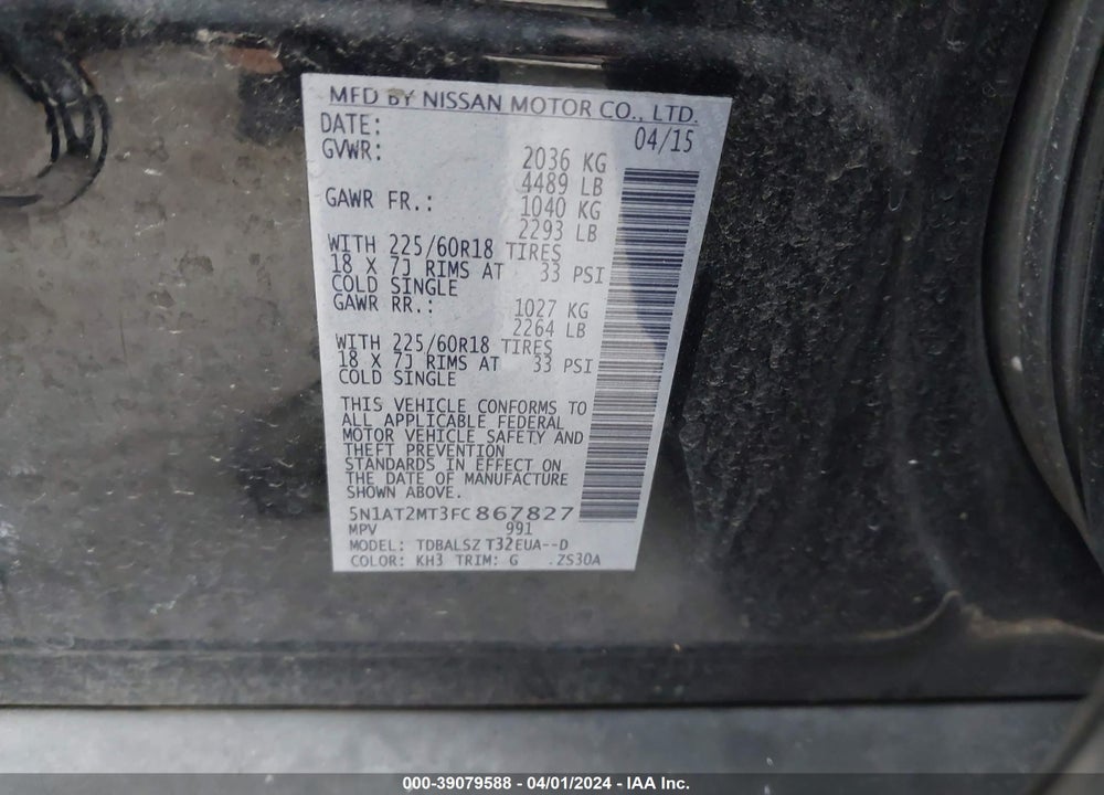 2015 NISSAN ROGUE SL VIN: 5N1AT2MT3FC867827