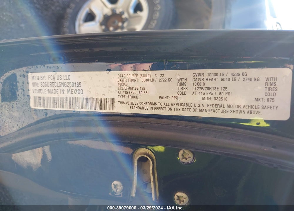 2022 RAM 2500 VIN: 3C6UR5CL5NG250189