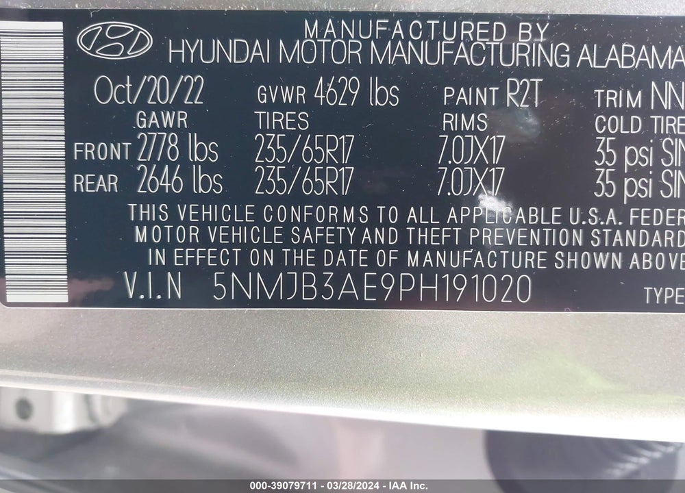 2023 HYUNDAI TUCSON SEL VIN: 5NMJB3AE9PH191020