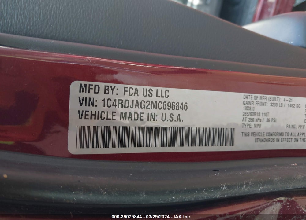2021 DODGE DURANGO SXT PLUS AWD VIN: 1C4RDJAG2MC696846