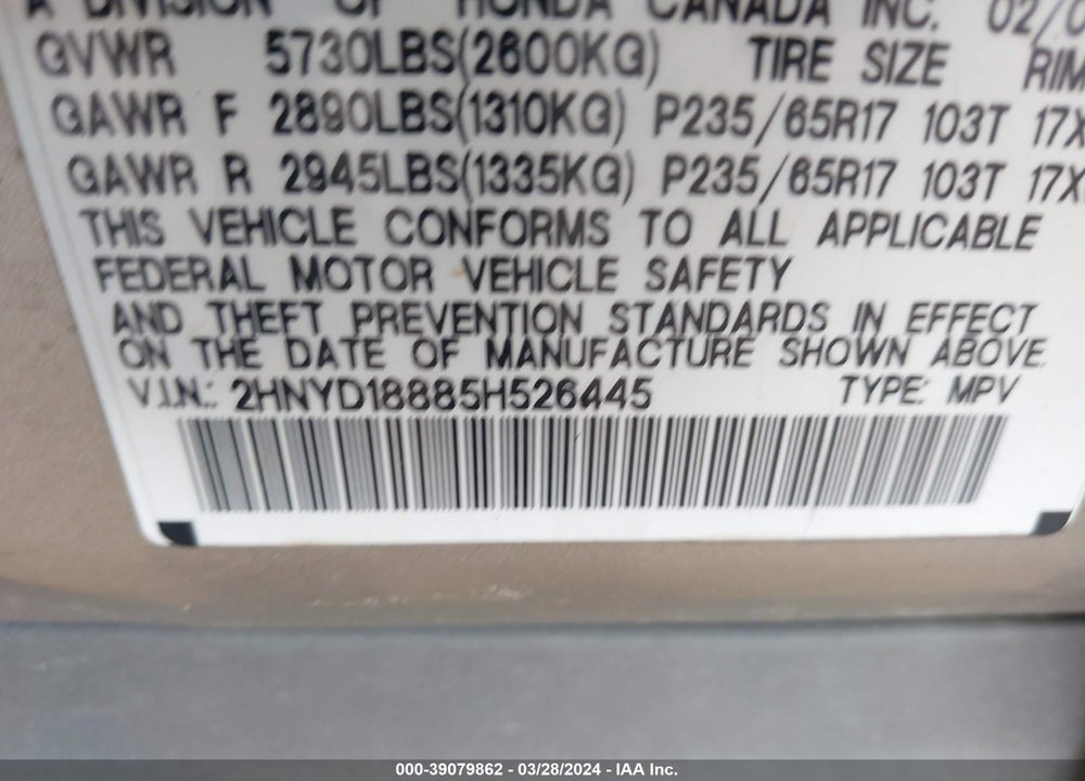 2005 ACURA MDX VIN: 2HNYD18885H526445