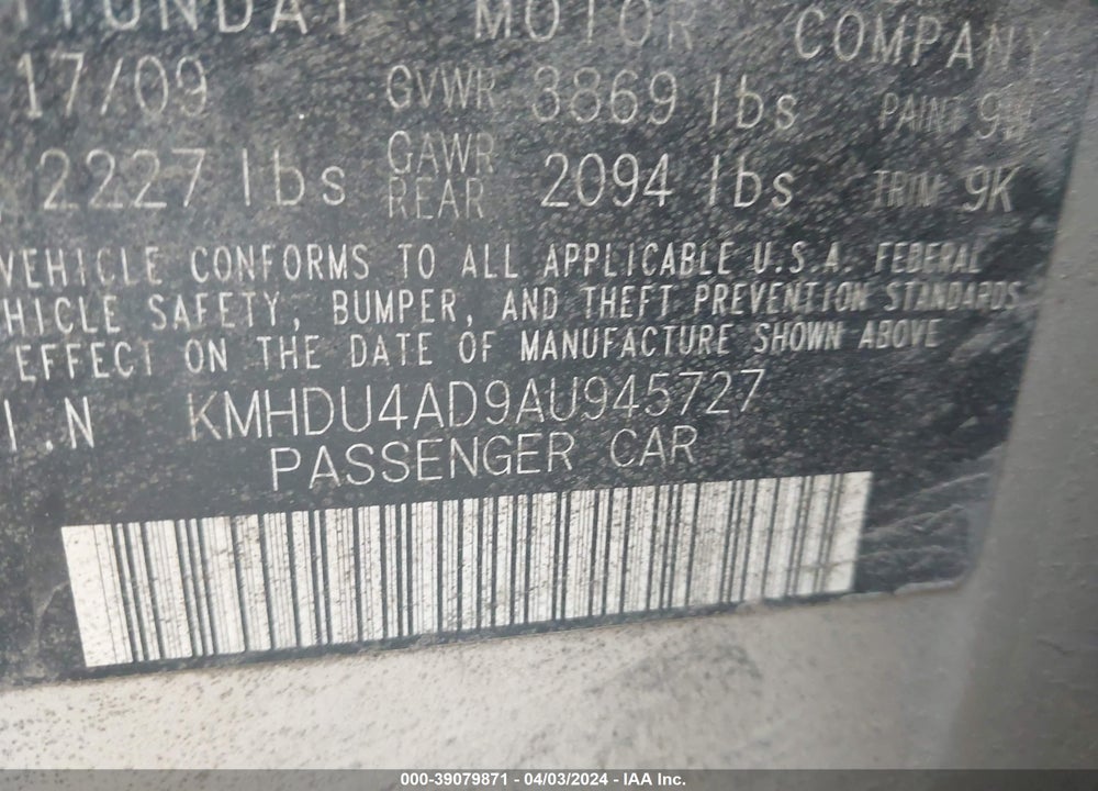 2010 HYUNDAI ELANTRA GLS VIN: KMHDU4AD9AU945727