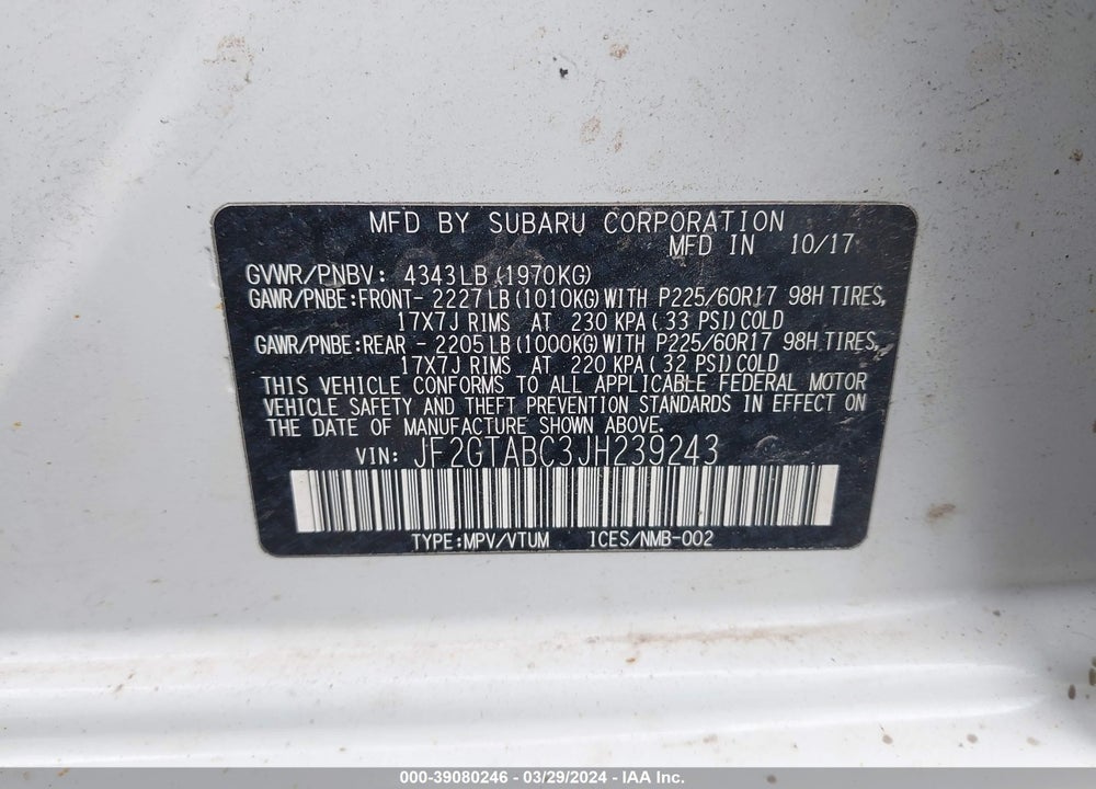 2018 SUBARU CROSSTREK 2.0I PREMIUM VIN: JF2GTABC3JH239243