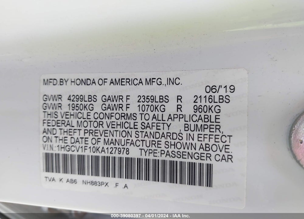 2019 HONDA ACCORD LX VIN: 1HGCV1F10KA127978
