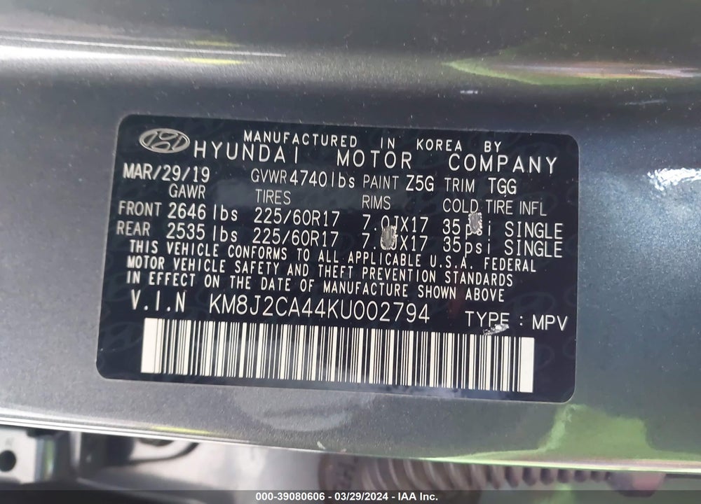 2019 HYUNDAI TUCSON SE VIN: KM8J2CA44KU002794
