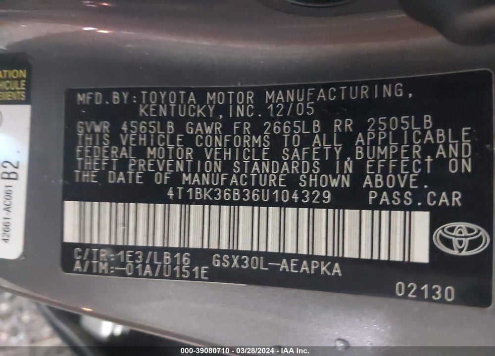 2006 TOYOTA AVALON LIMITED VIN: 4T1BK36B36U104329