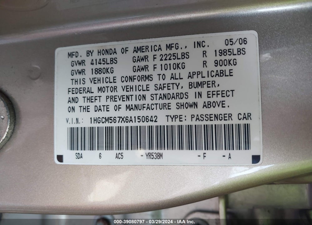 2006 HONDA ACCORD 2.4 EX VIN: 1HGCM567X6A150642