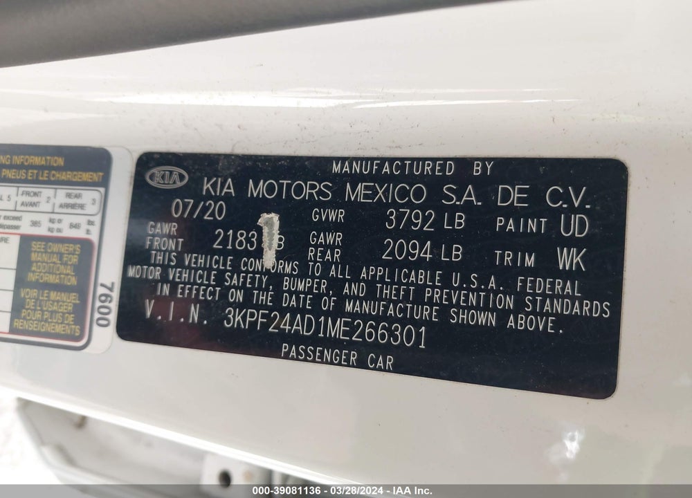2021 KIA FORTE FE VIN: 3KPF24AD1ME266301
