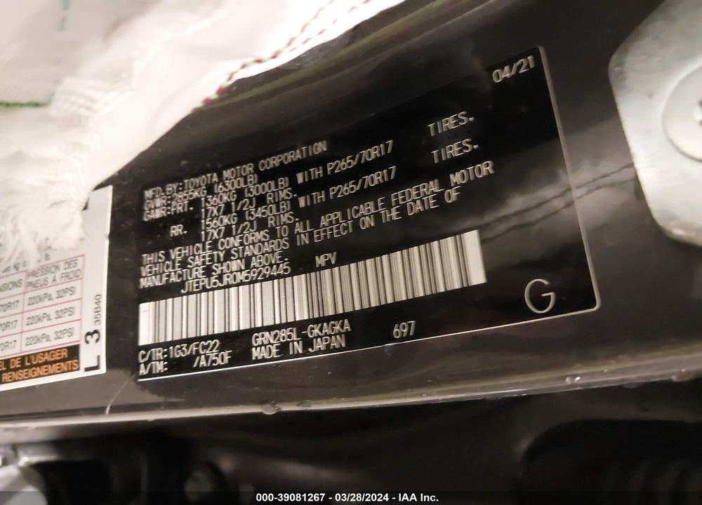 2021 TOYOTA 4RUNNER TRD OFF ROAD VIN: JTEPU5JR0M5929445