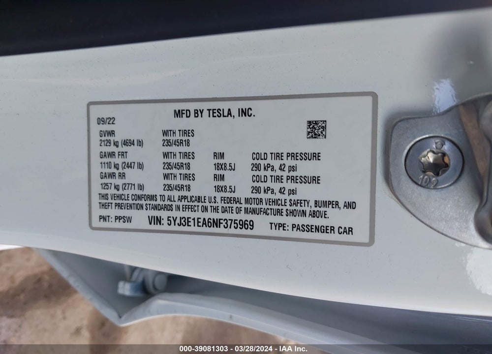 2022 TESLA MODEL 3 REAR-WHEEL DRIVE VIN: 5YJ3E1EA6NF375969