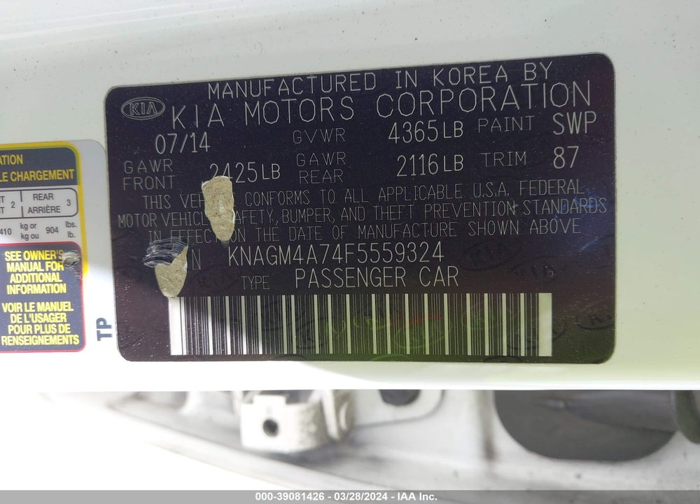 2015 KIA OPTIMA LX VIN: KNAGM4A74F5559324
