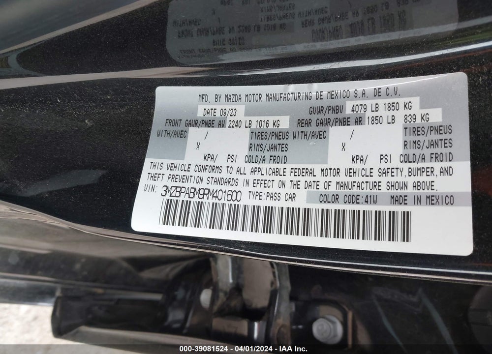 2024 MAZDA 3 2.5 S SELECT SPORT VIN: 3MZBPABM9RM401600