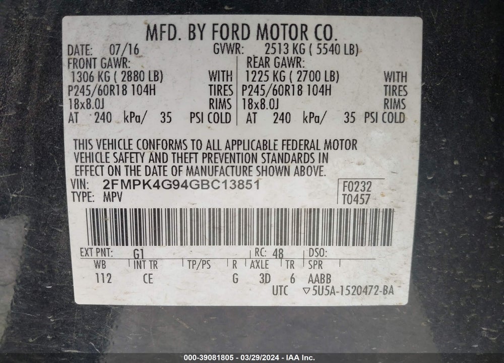 2016 FORD EDGE SE VIN: 2FMPK4G94GBC13851