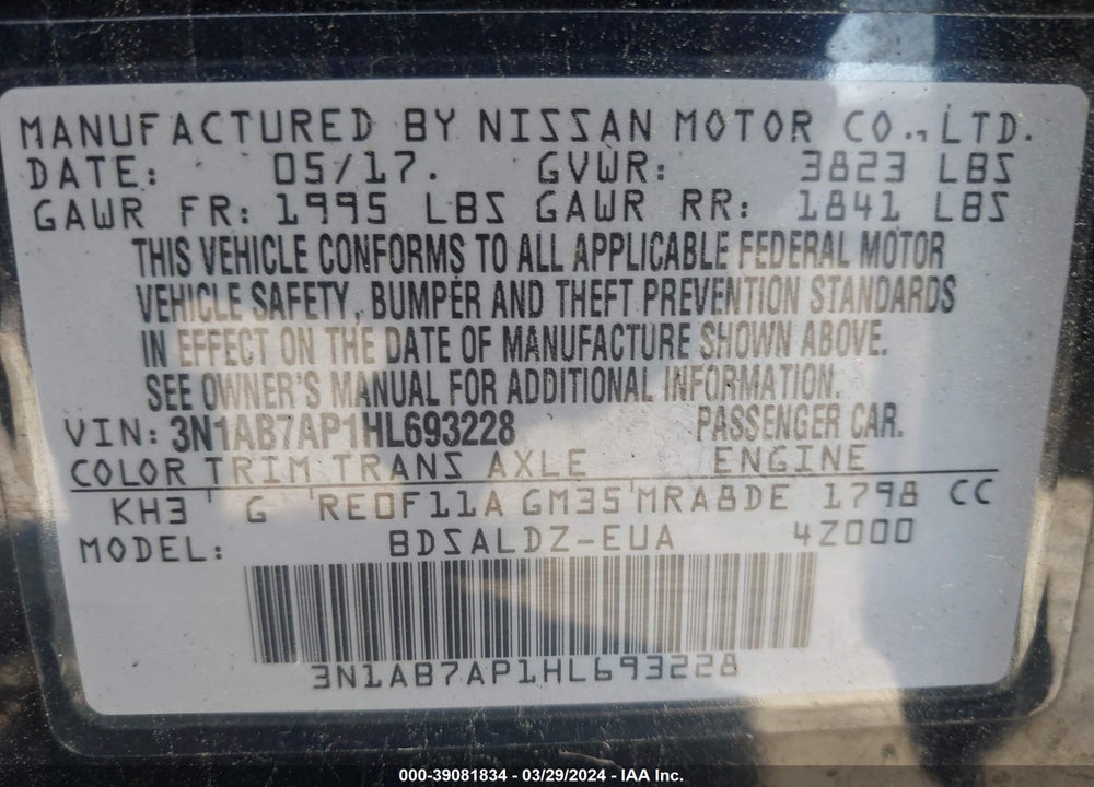 2017 NISSAN SENTRA SV VIN: 3N1AB7AP1HL693228