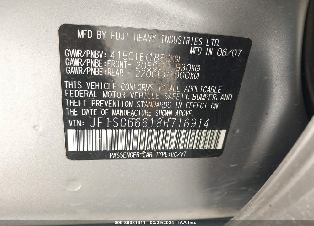 2008 SUBARU FORESTER SPORTS 2.5X VIN: JF1SG66618H716914