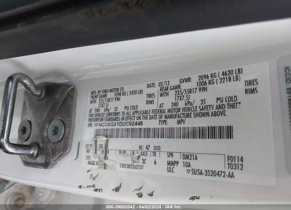2013 FORD ESCAPE SE VIN: 1FMCU0GX1DUC92448
