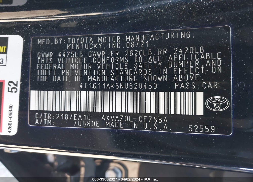 2022 TOYOTA CAMRY SE VIN: 4T1G11AK6NU620459