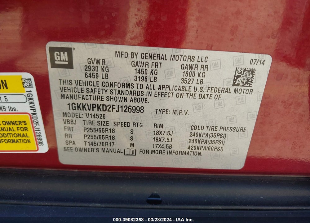 2015 GMC ACADIA SLE-2 VIN: 1GKKVPKD2FJ126998