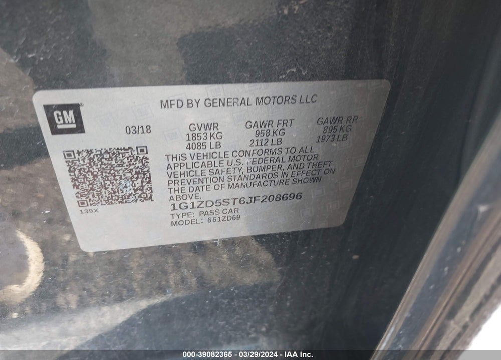 2018 CHEVROLET MALIBU LT VIN: 1G1ZD5ST6JF208696