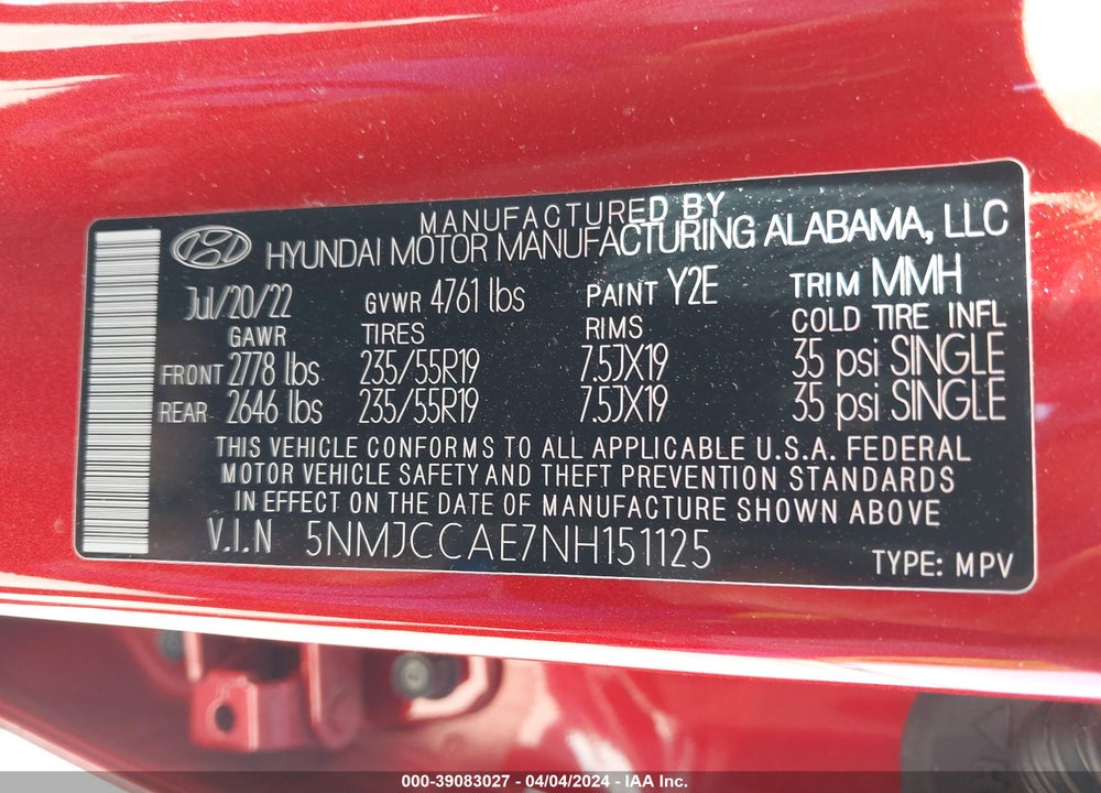 2022 HYUNDAI TUCSON SEL VIN: 5NMJCCAE7NH151125