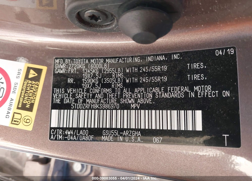 2019 TOYOTA HIGHLANDER LIMITED/PLATINUM VIN: 5TDDZRFH8KS986970