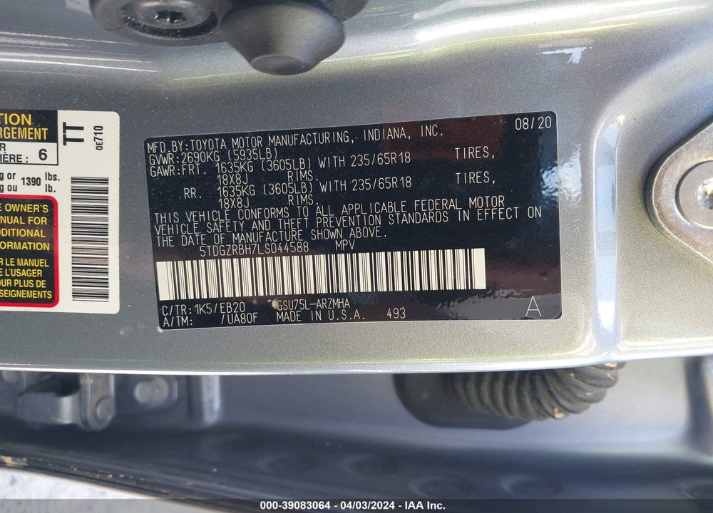 2020 TOYOTA HIGHLANDER XLE VIN: 5TDGZRBH7LS044588