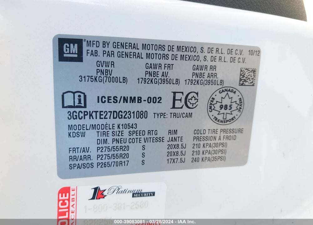 2013 CHEVROLET SILVERADO 1500 LTZ VIN: 3GCPKTE27DG231080