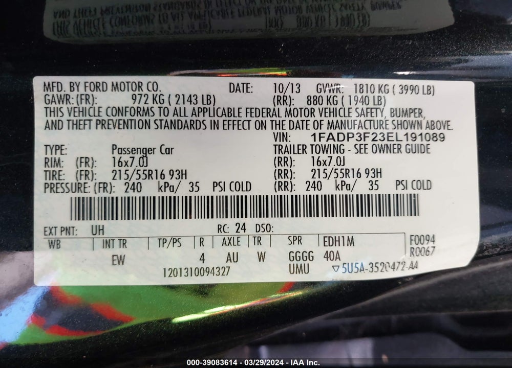 2014 FORD FOCUS SE VIN: 1FADP3F23EL191089