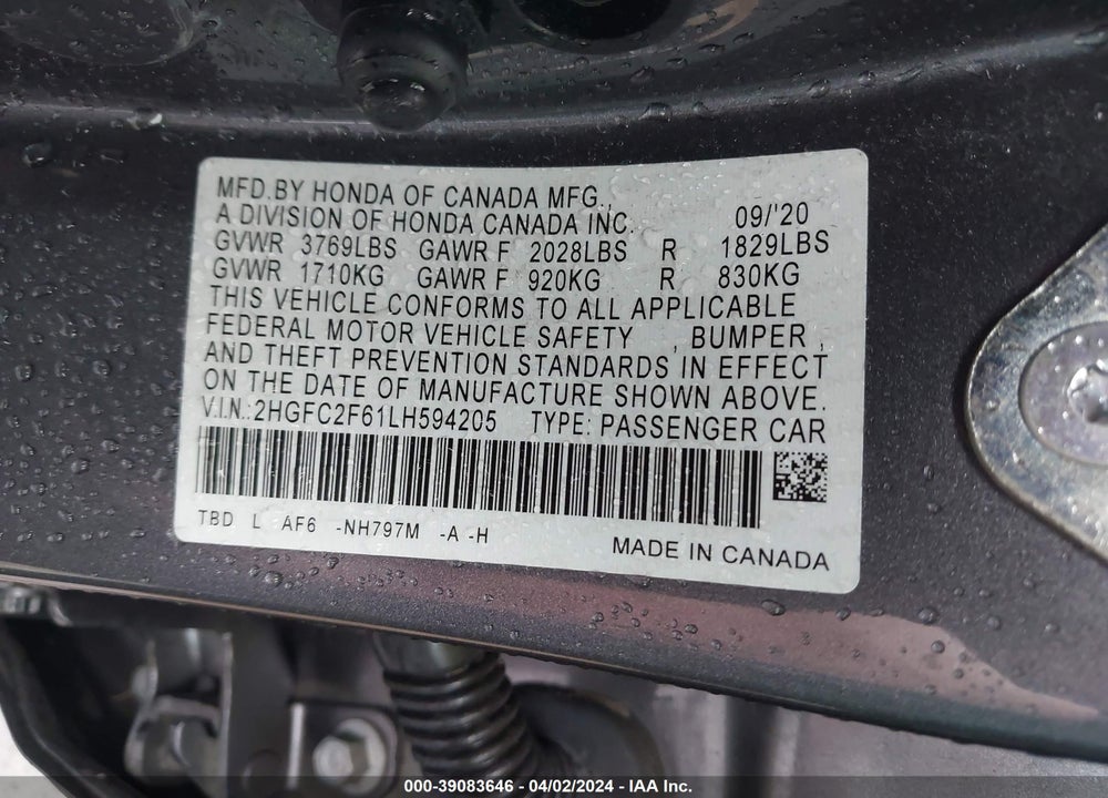 2020 HONDA CIVIC LX VIN: 2HGFC2F61LH594205