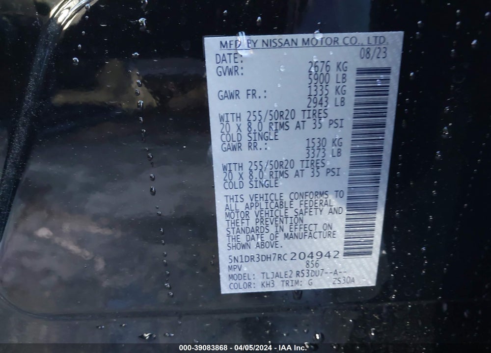 2024 NISSAN PATHFINDER PLATINUM FWD VIN: 5N1DR3DH7RC204942