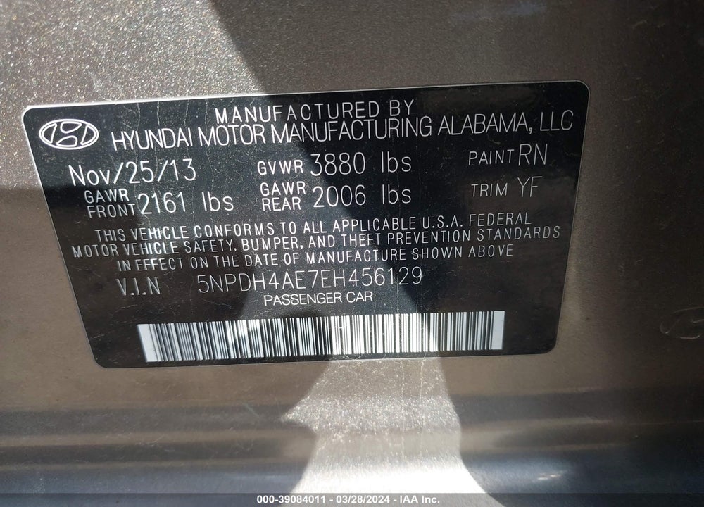 2014 HYUNDAI ELANTRA SE VIN: 5NPDH4AE7EH456129