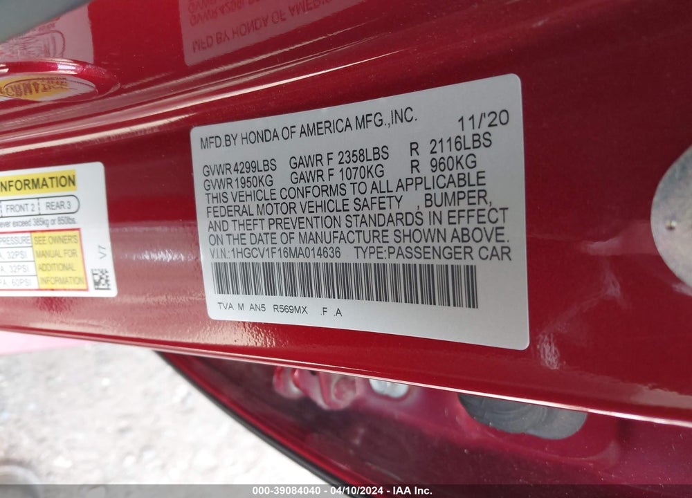 2021 HONDA ACCORD LX VIN: 1HGCV1F16MA014636