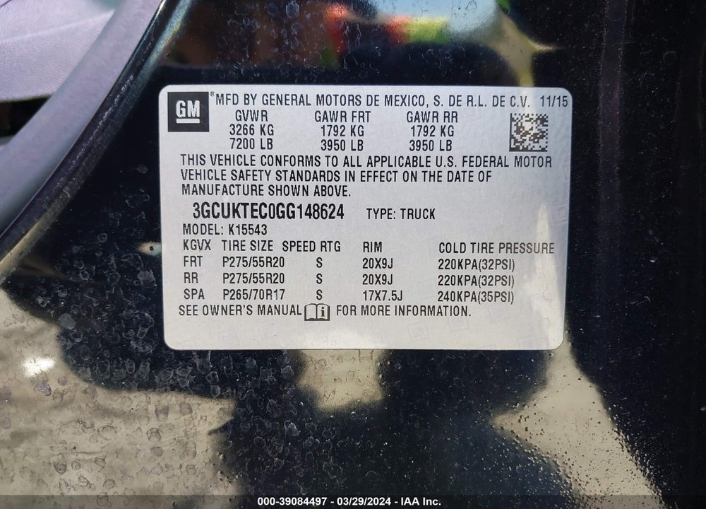 2016 CHEVROLET SILVERADO 1500 HIGH COUNTRY VIN: 3GCUKTEC0GG148624