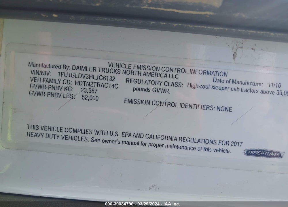2017 FREIGHTLINER CASCADIA 125 VIN: 1FUJGLDV3HLJG6132