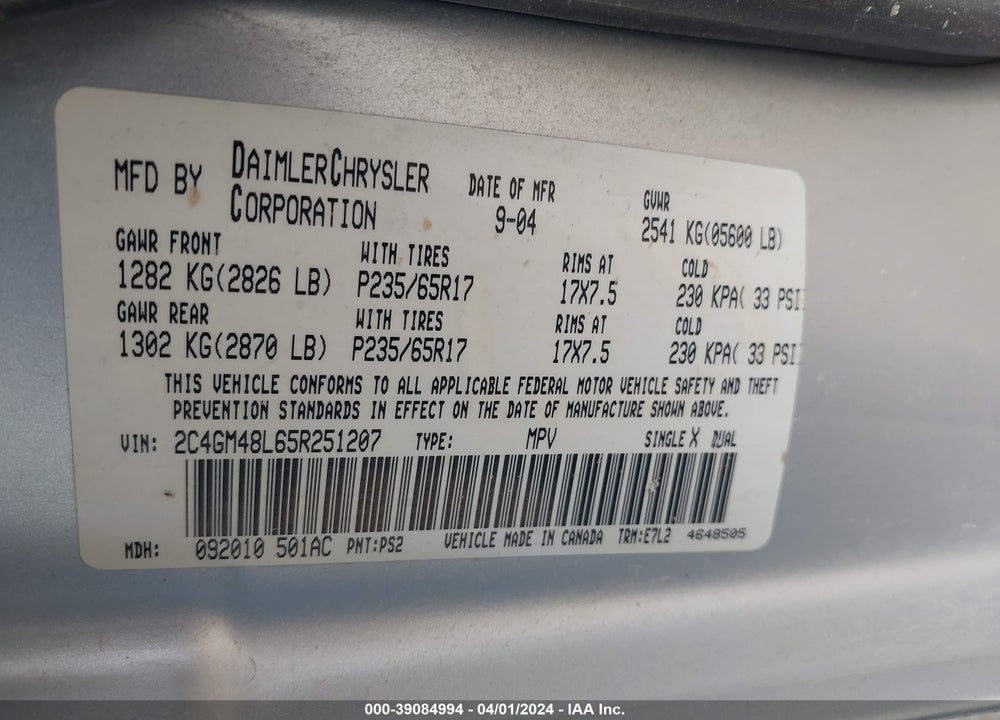 2005 CHRYSLER PACIFICA VIN: 2C4GM48L65R251207