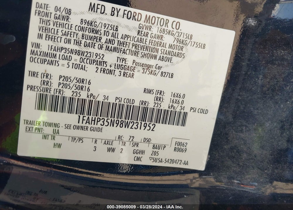 2008 FORD FOCUS SE/SES VIN: 1FAHP35N98W231952